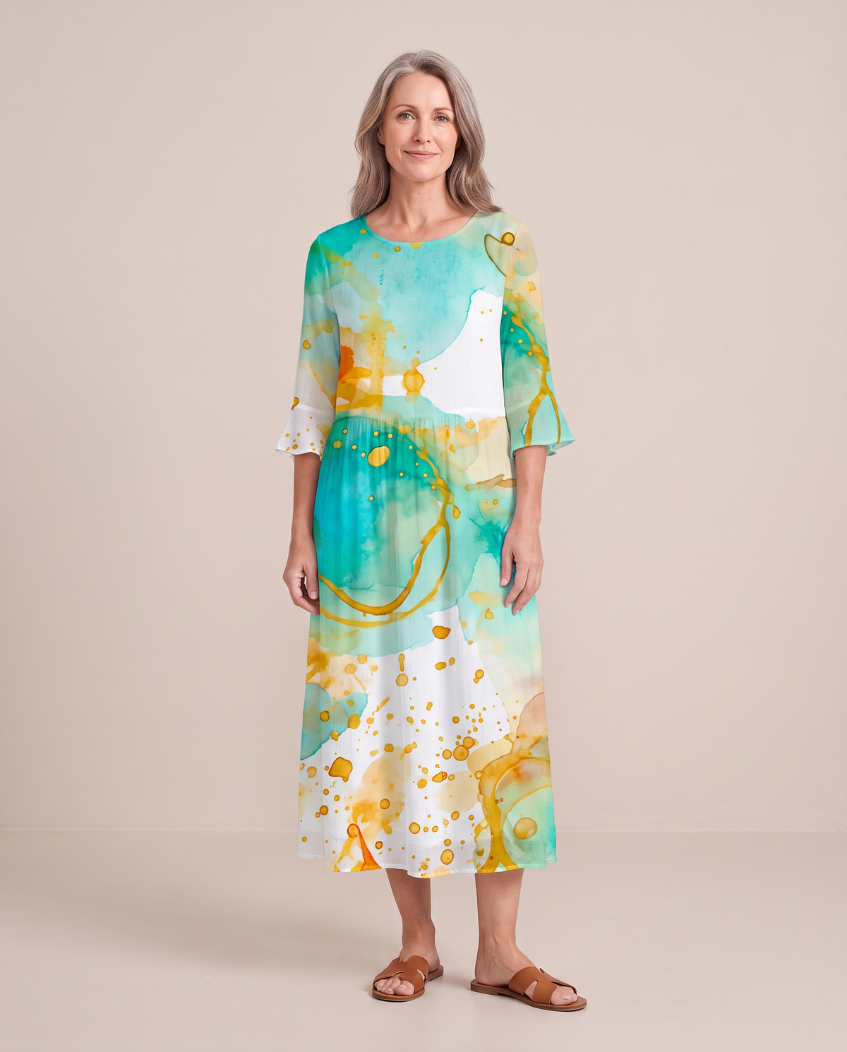 Delphine aqua and gold watercolour print midi dress, front view