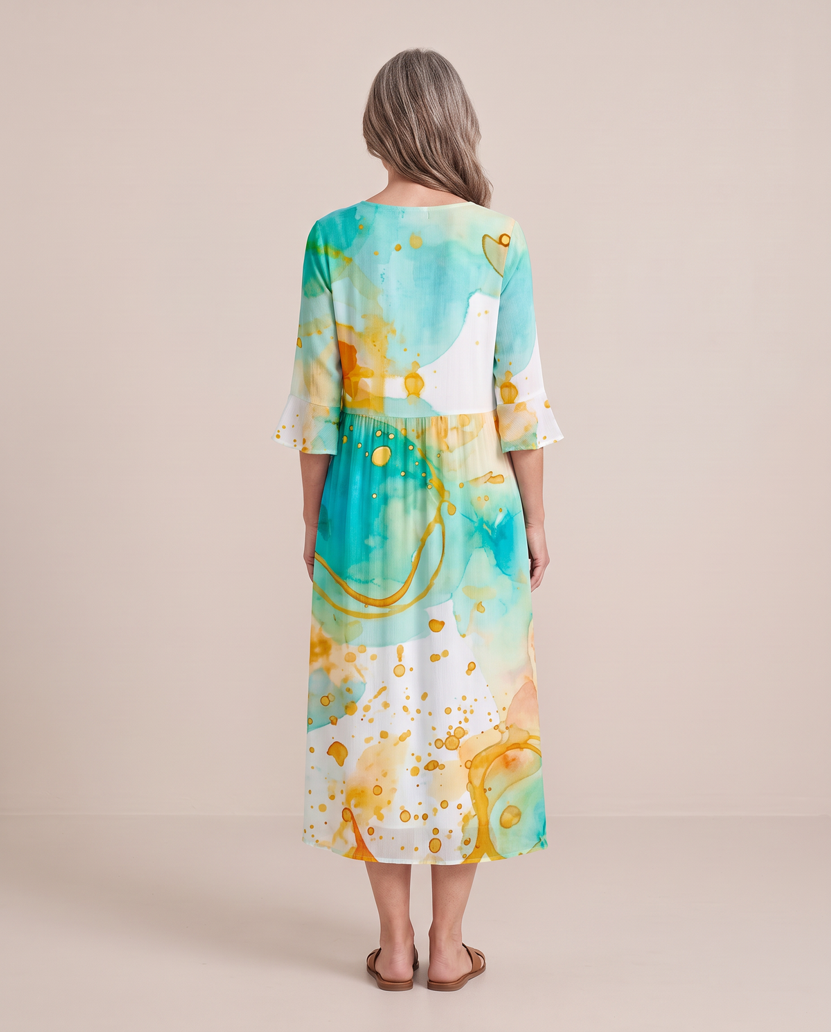 Delphine watercolour print midi dress, back view