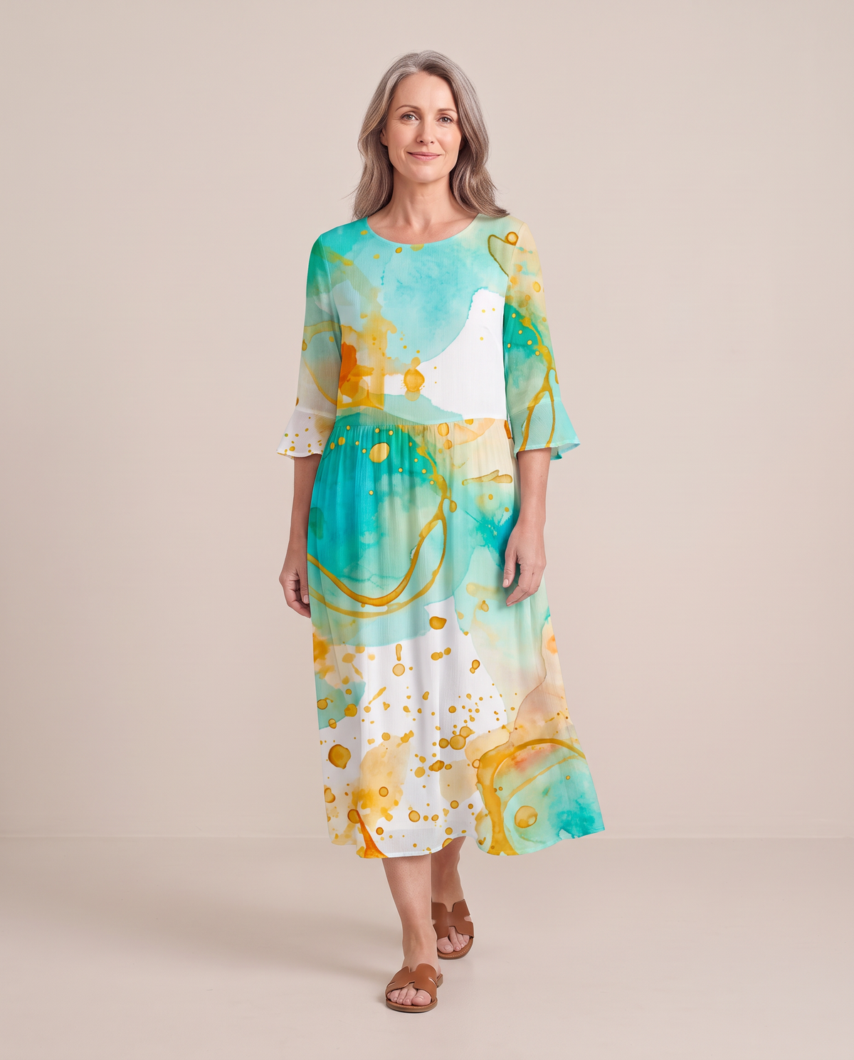 Delphine watercolour print midi dress, walking