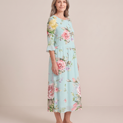 Delphine rose print midi dress, three-quarter view