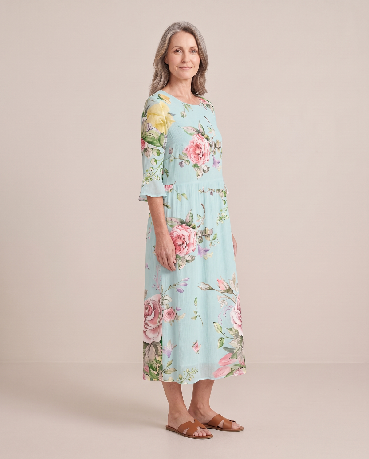 Delphine rose print midi dress, three-quarter view