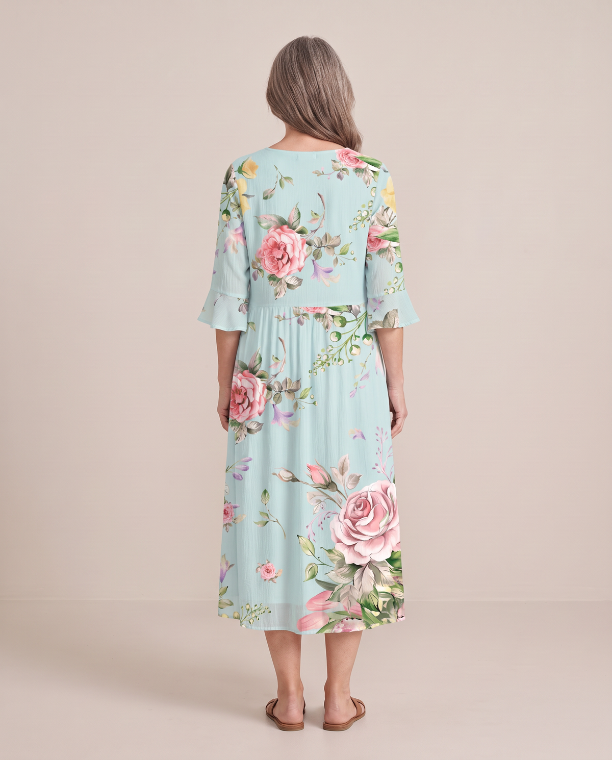 Delphine rose print midi dress, back view
