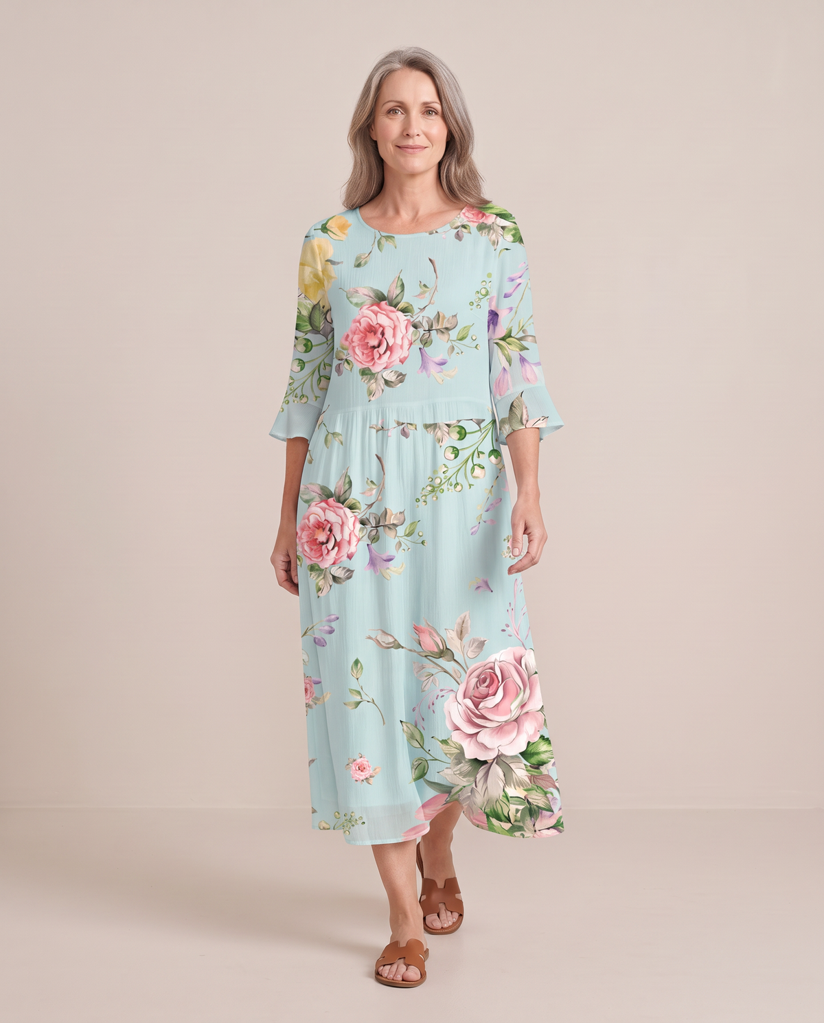 Delphine rose print midi dress, walking