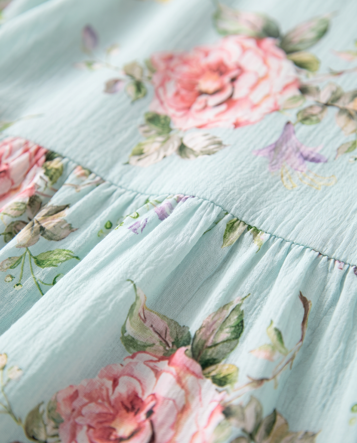 Close-up of the rose print and gathered seam