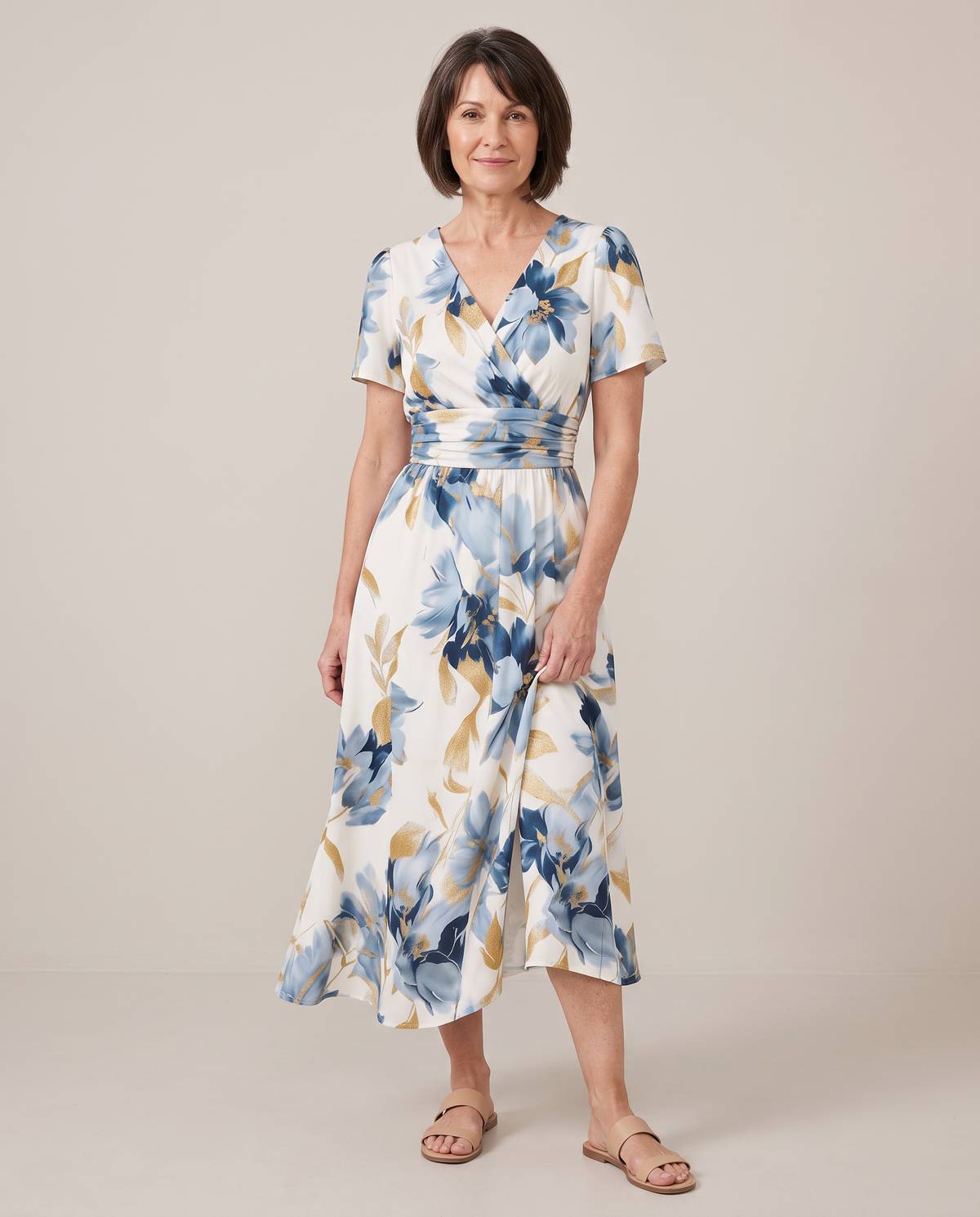 Odette watercolour floral wrap midi dress, front view