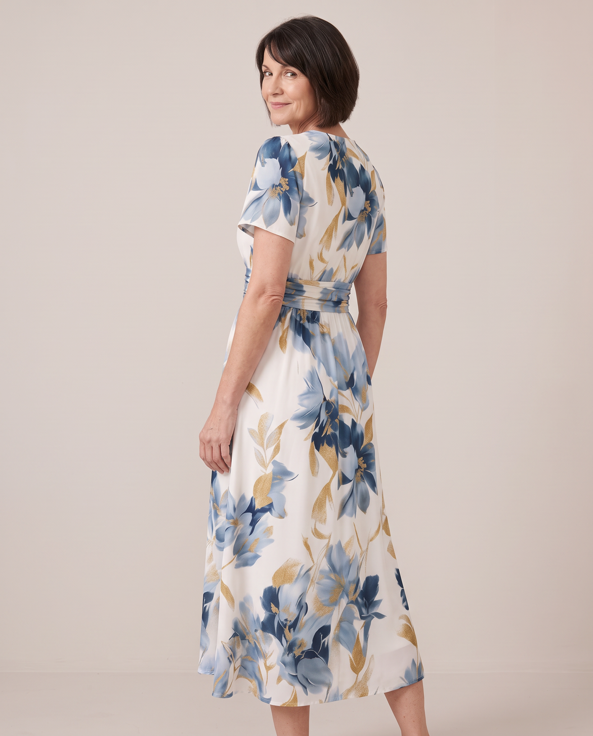 Odette watercolour floral wrap midi dress, looking over the shoulder