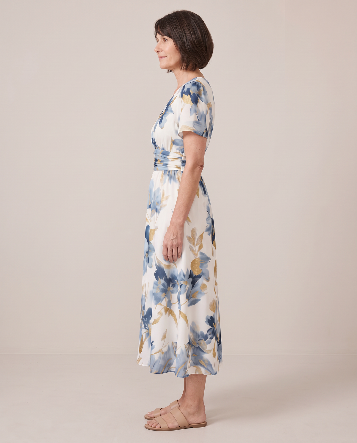 Odette watercolour floral wrap midi dress, side view