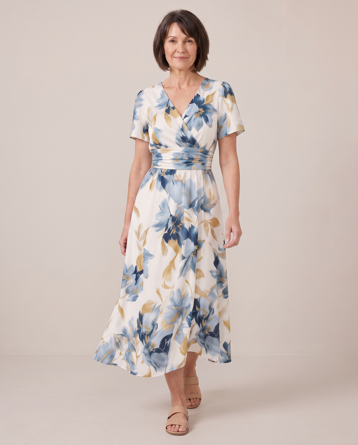 Odette watercolour floral wrap midi dress, walking
