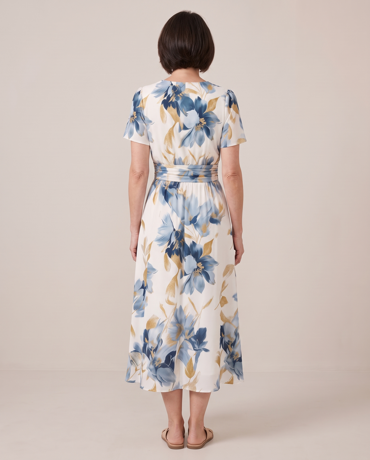 Odette watercolour floral wrap midi dress, back view