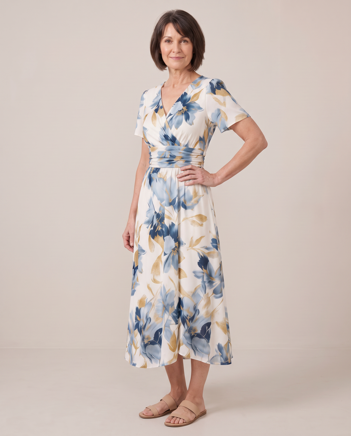 Odette watercolour floral wrap midi dress, three-quarter view with hand on hip