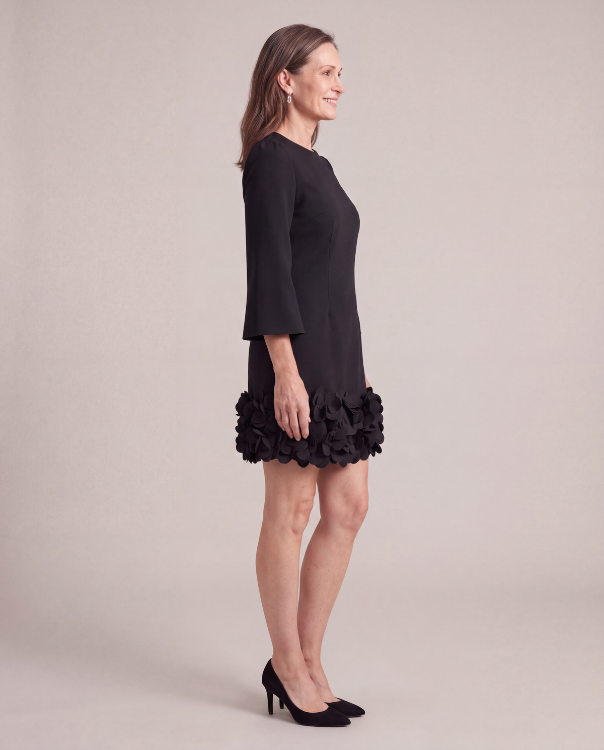 Solange black petal hem mini dress, side view