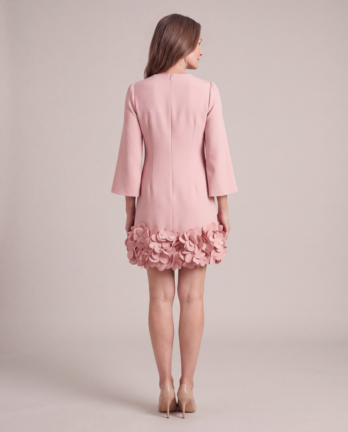 Solange blush pink petal hem mini dress, back view