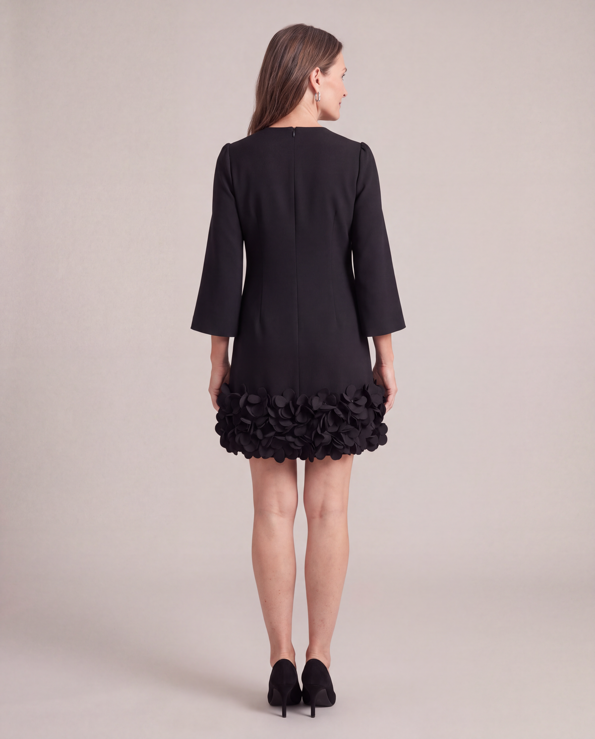 Solange black petal hem mini dress, back view