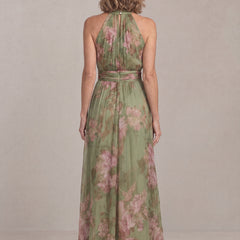 Liora floral chiffon maxi dress, back view with open back and button closure at the neck