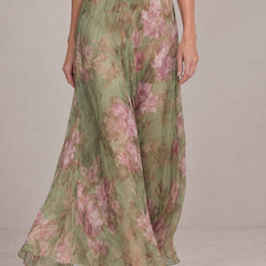 Liora floral maxi dress, waistband and flowing chiffon skirt in movement