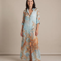 Ottavia baroque print shirt maxi dress in light blue, front view
