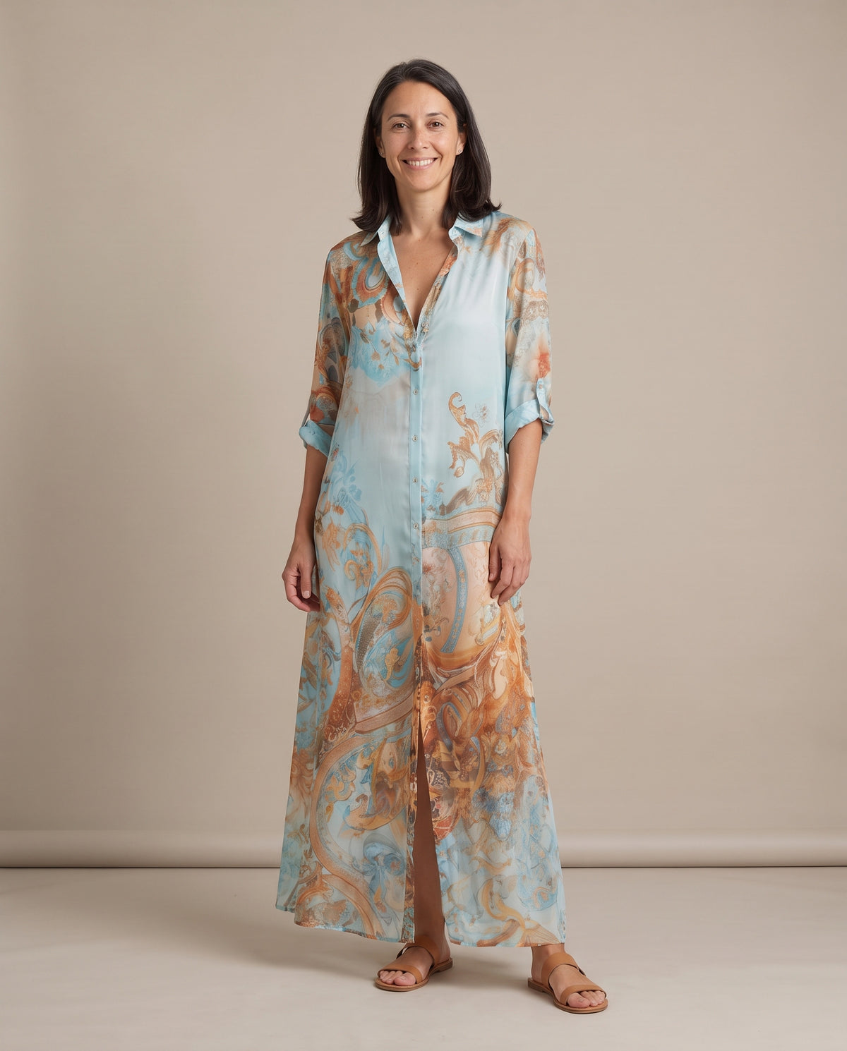 Ottavia baroque print shirt maxi dress in light blue, front view