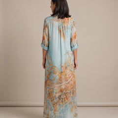 Ottavia baroque print shirt maxi dress, back view with shirred yoke