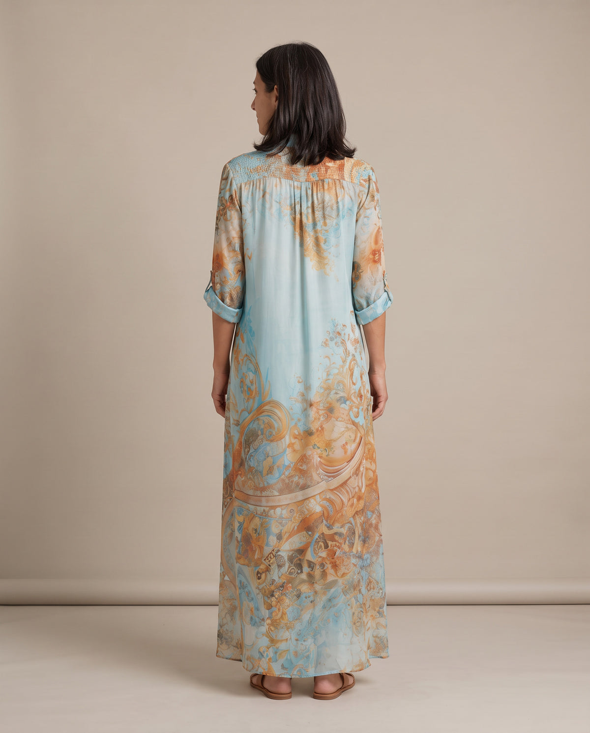 Ottavia baroque print shirt maxi dress, back view with shirred yoke