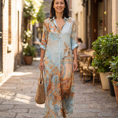 Woman wearing the Ottavia baroque print maxi dress on a Sydney laneway