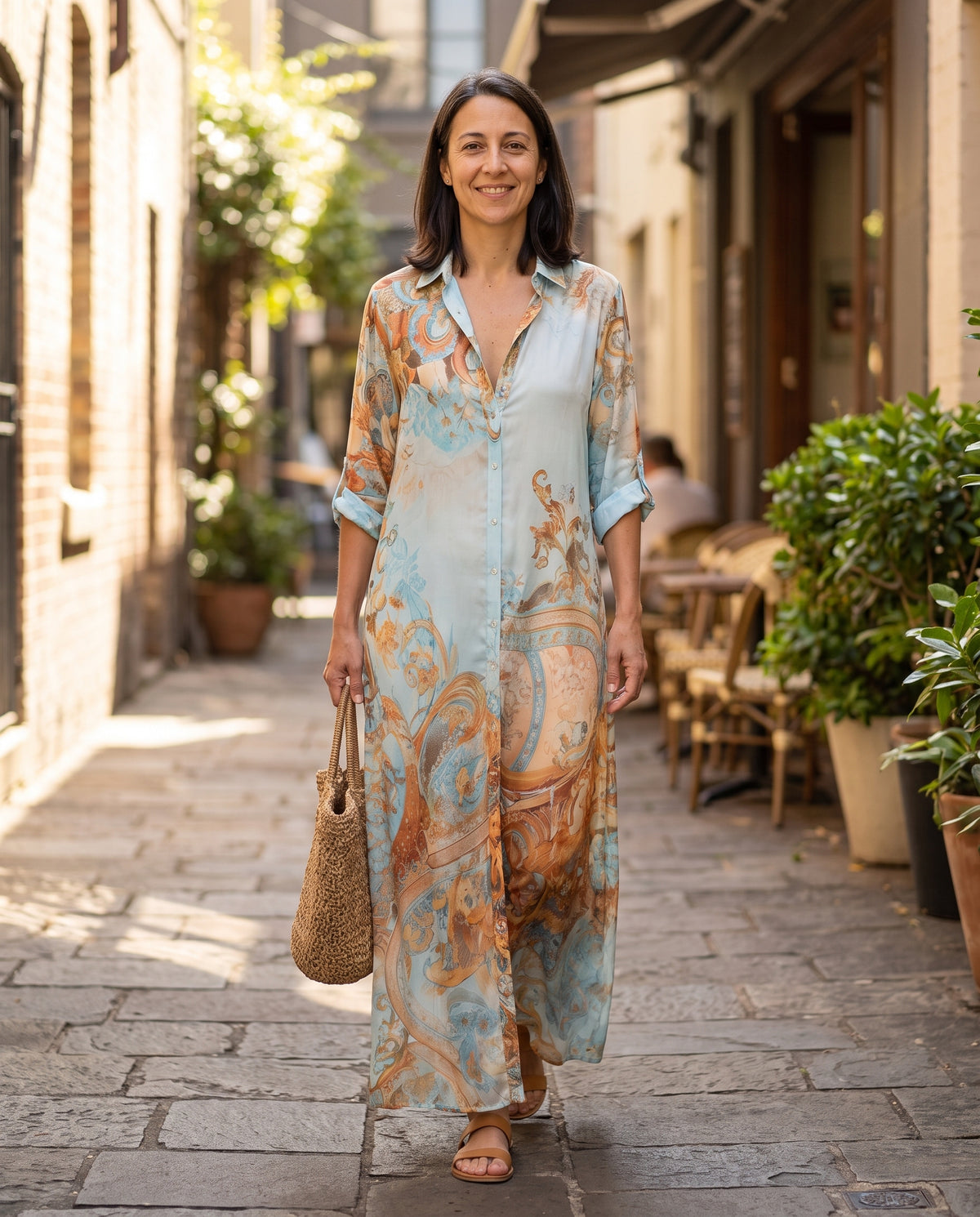 Woman wearing the Ottavia baroque print maxi dress on a Sydney laneway