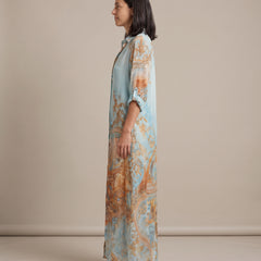 Ottavia baroque print shirt maxi dress, side view showing the front slit