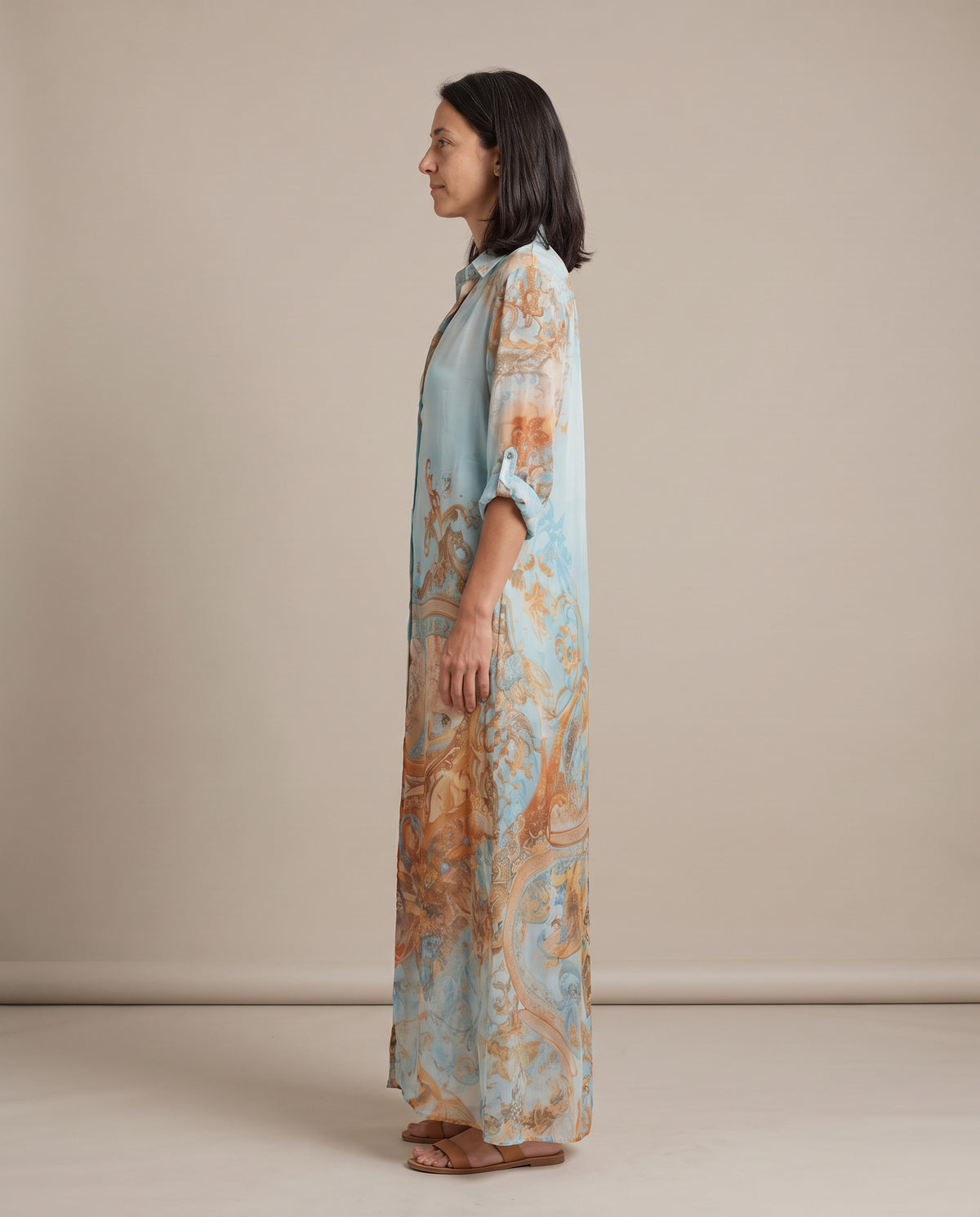 Ottavia baroque print shirt maxi dress, side view showing the front slit