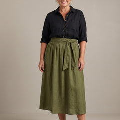 Rosalind button shirt and midi skirt set in black and olive, front view