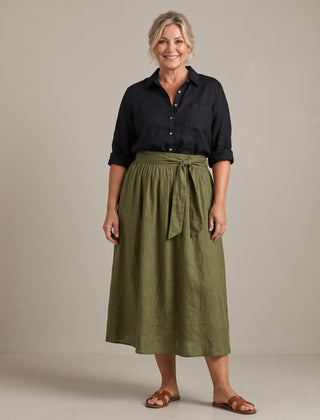 Rosalind button shirt and midi skirt set in black and olive, front view
