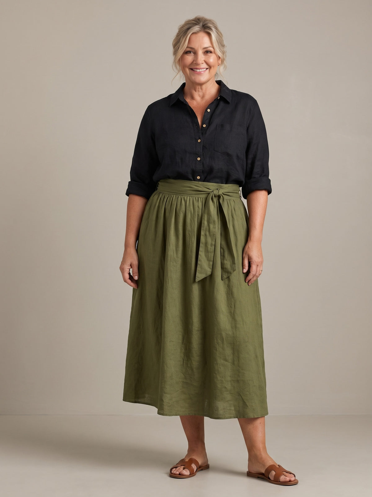 Rosalind button shirt and midi skirt set in black and olive, front view