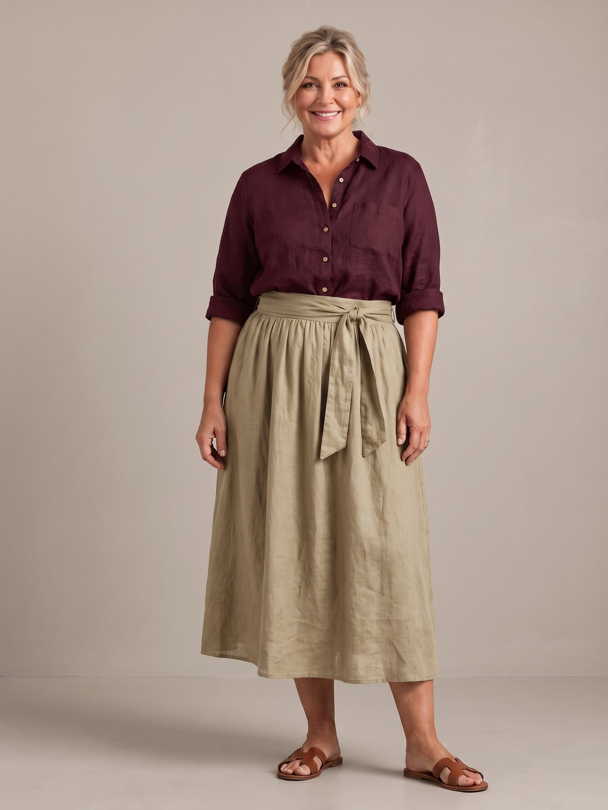 Rosalind set in burgundy shirt and sand skirt