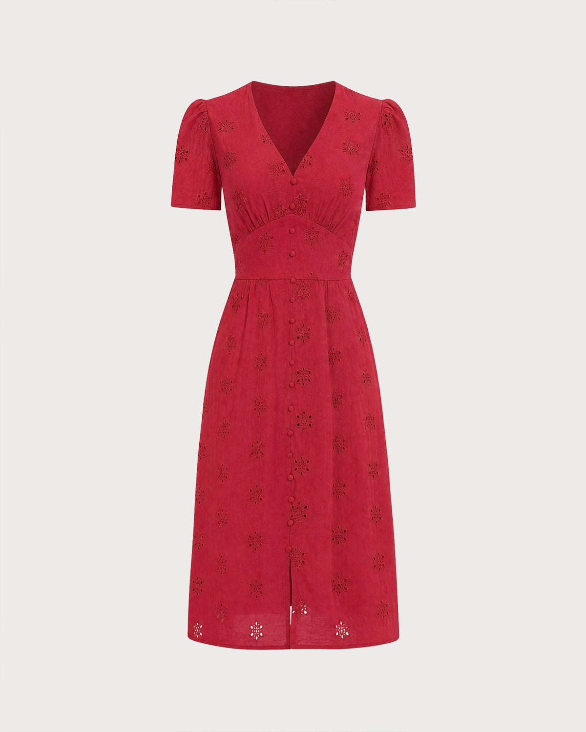 Red V Neck Embroidery Midi Dress
