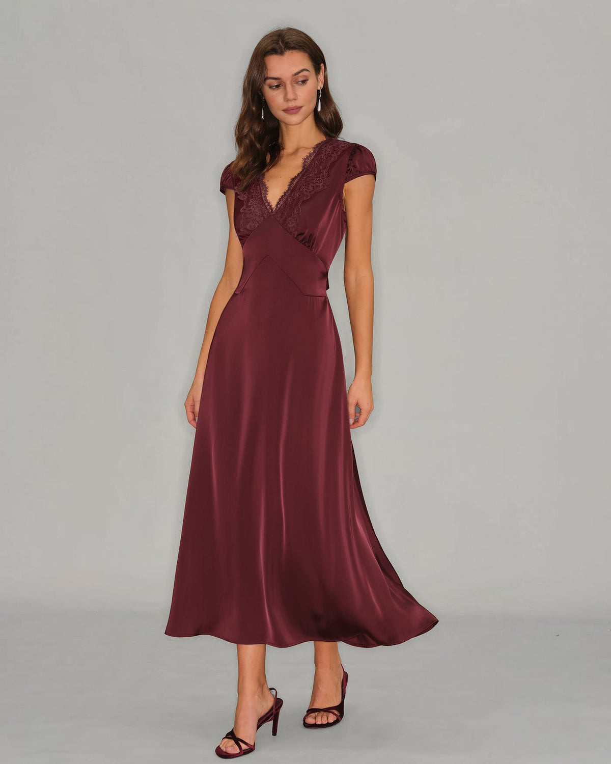 Wine Red V Neck Lace Maxi Dress